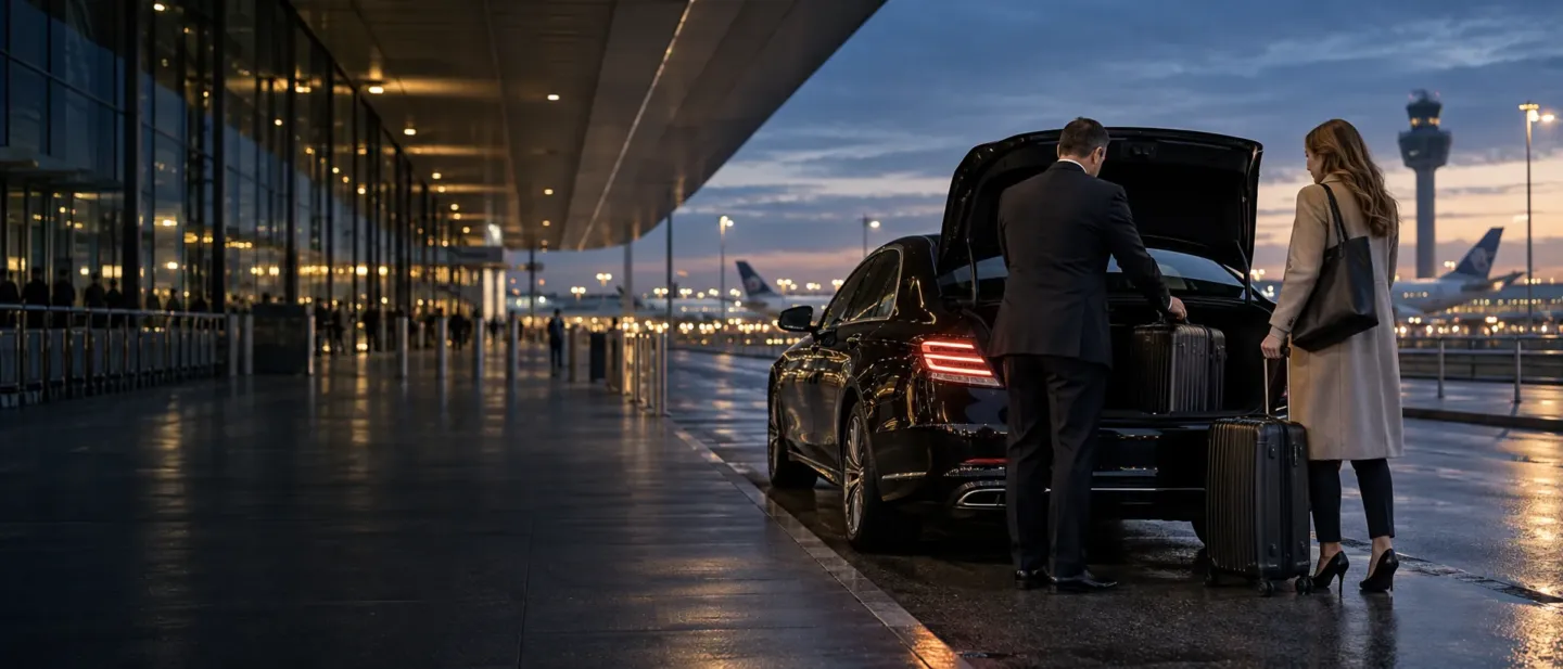 Chauffeur helpt een reiziger met bagage bij de taxi